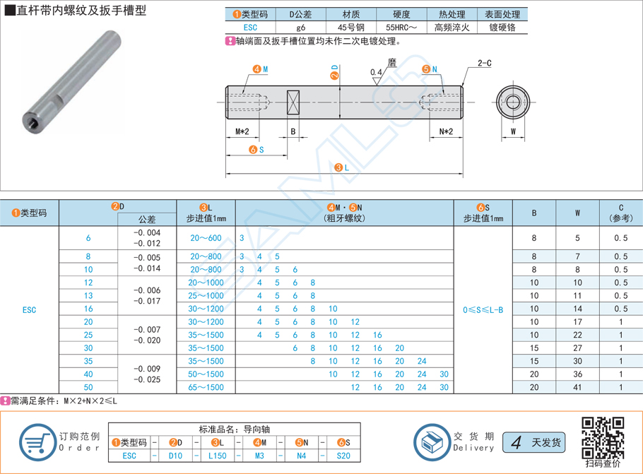 直桿型導向軸-內螺紋帶扳手槽型規格材質