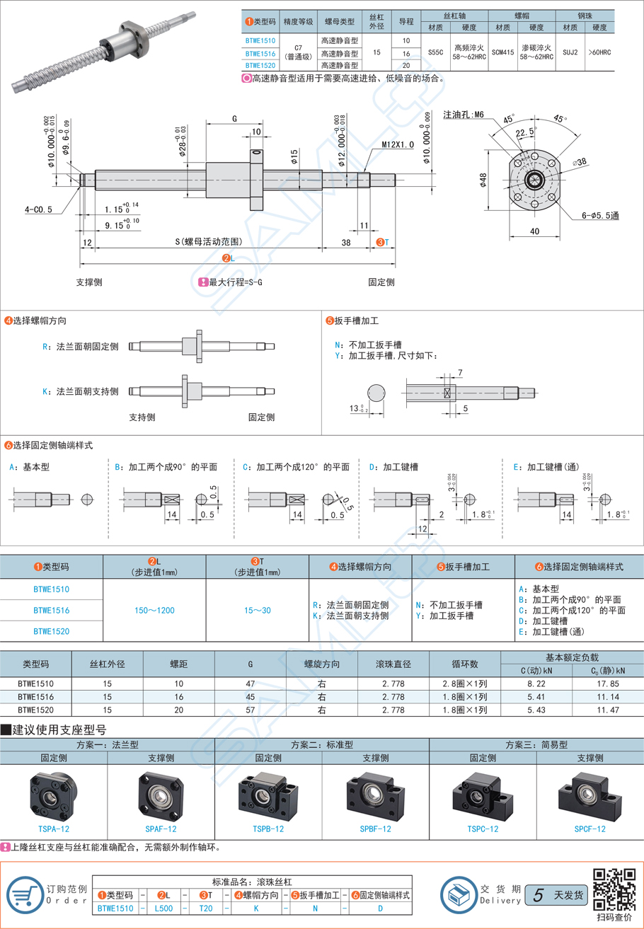 普通級滾珠絲杠-軸徑15導程10·16·20規格參數