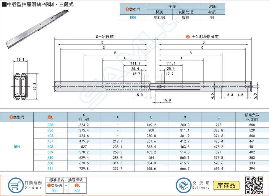 中載型抽屜工業滑軌-鋼制三段式導軌規格參數尺寸材質