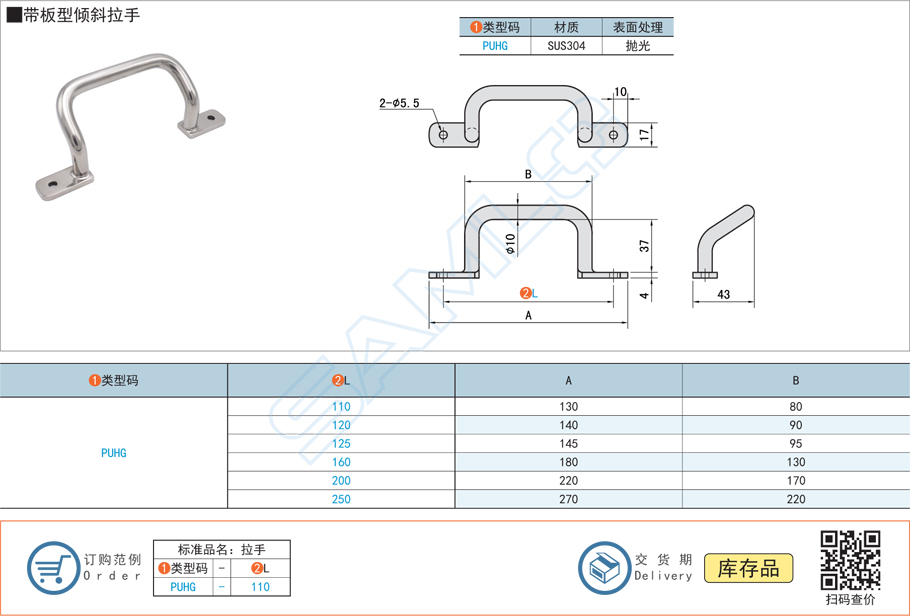 帶板型傾斜式拉手門把手PUHG規格參數尺寸材質