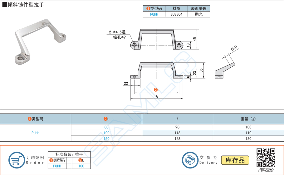 傾斜鑄件型拉手門把手PUHH規格參數尺寸材質