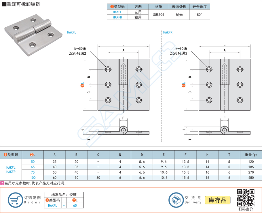 重載可拆卸鉸鏈合頁HAKFL規格參數尺寸材質