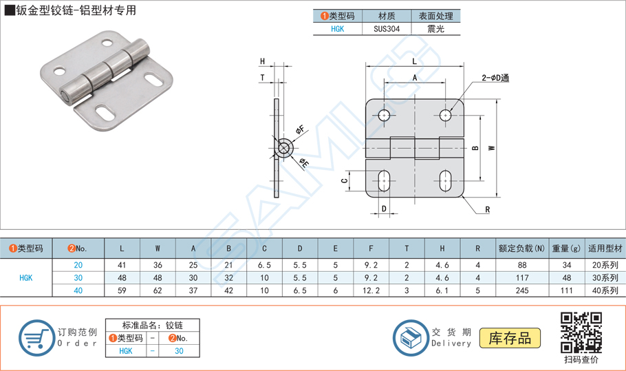 鈑金型鉸鏈合頁-鋁型材專用HGK規格參數尺寸材質