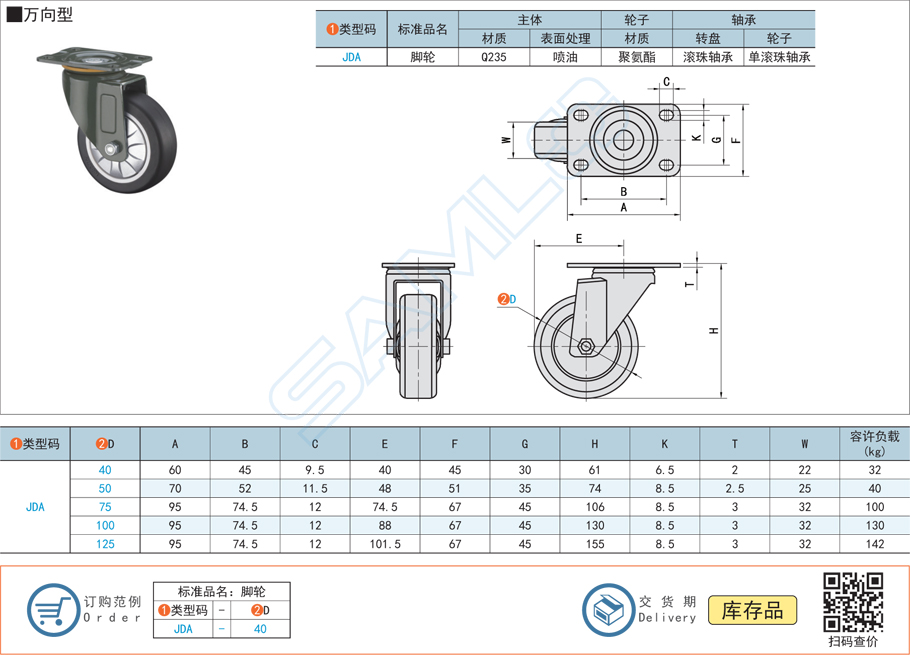 中載型腳輪-萬向型JDA規格參數尺寸材質