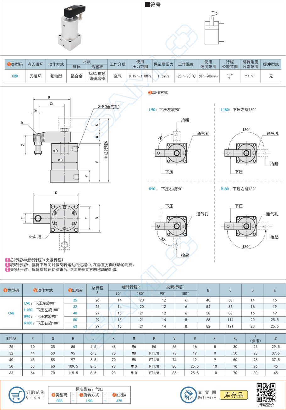 轉角氣缸CRB規格參數尺寸材質
