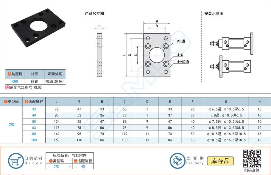 氣缸安裝附件CWD規格參數尺寸材質