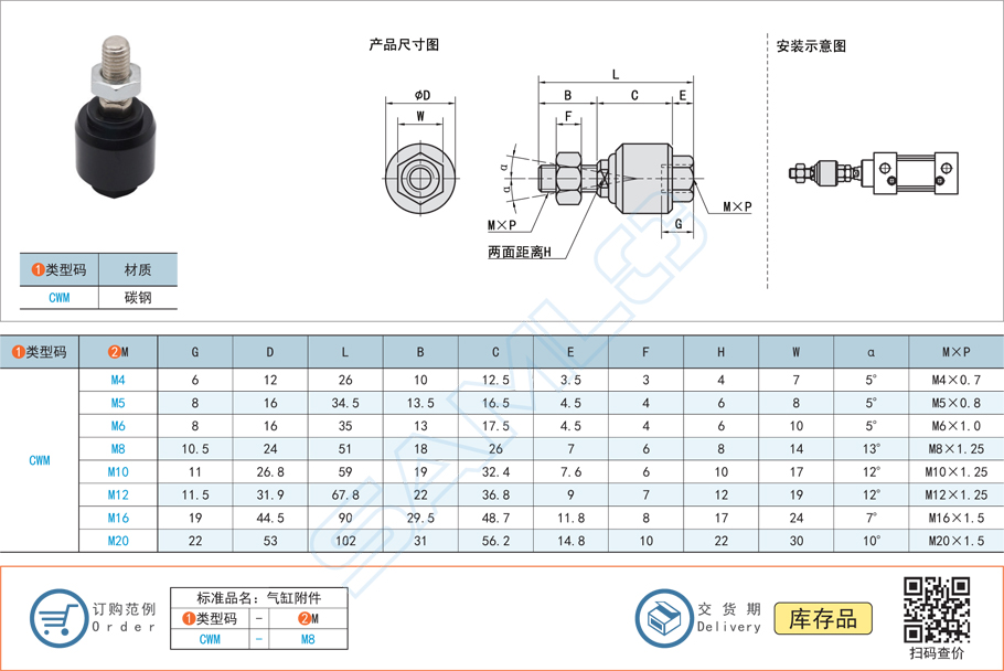 氣缸安裝附件CWM規格參數尺寸材質