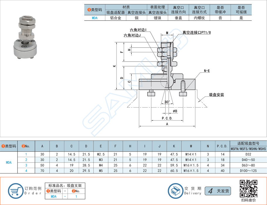 重載搖擺型吸盤支架-垂直真空口不帶緩沖型規格參數尺寸