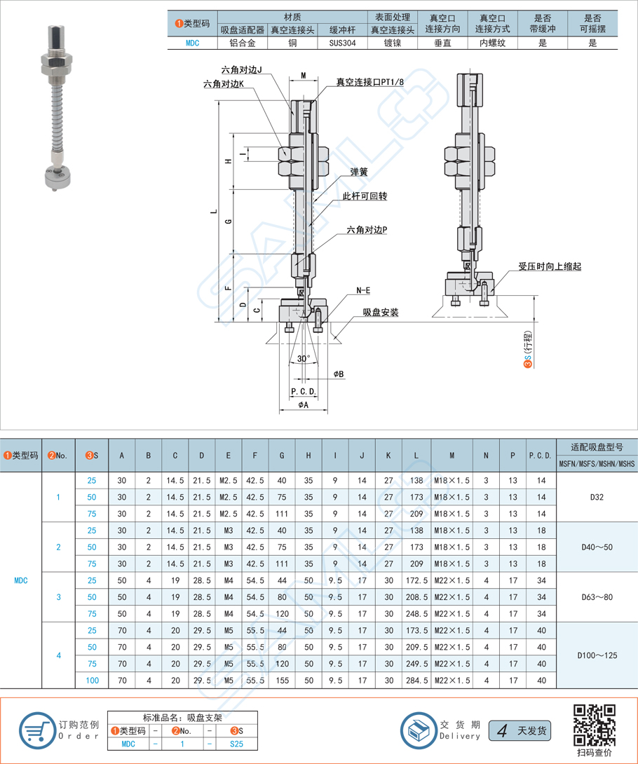 重載搖擺型吸盤支架-垂直真空口帶緩沖型規格參數尺寸