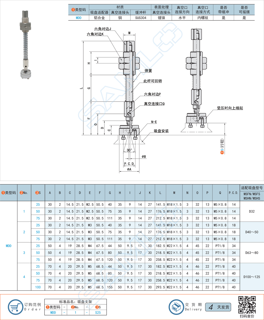 重載搖擺型吸盤支架-水平真空口帶緩沖型規格參數尺寸材質